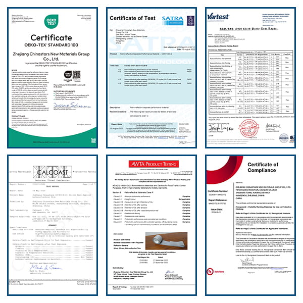 Rapporti di certificazione del nastro retroriflettente termoadesivo