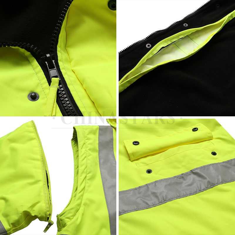 Reflective jacket with detachable cuffs. 