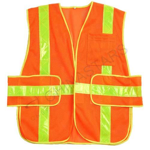 Fluorescent orange reflective vest with prismatic tape
