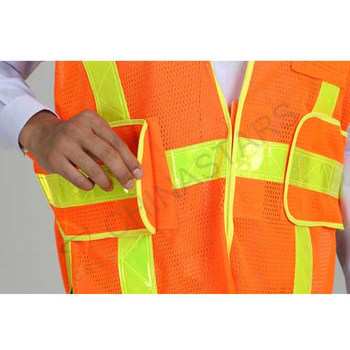 Fluorescent orange reflective vest with prismatic tape 