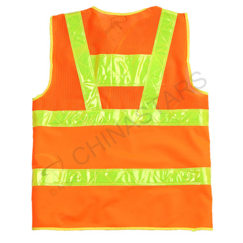 Fluorescent orange reflective vest with prismatic tape