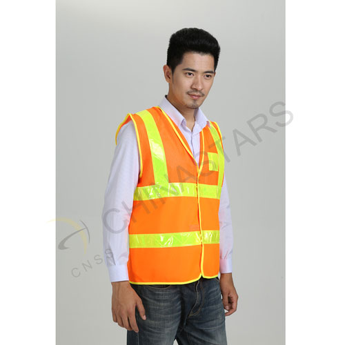 Fluorescent orange reflective vest with prismatic tape