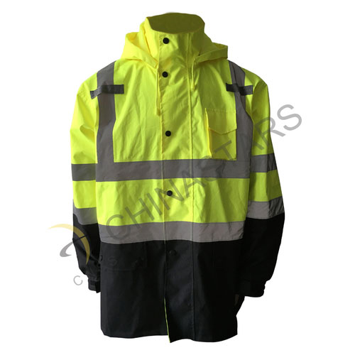 Fluorescent yellow reflective raincoat in two-tone 