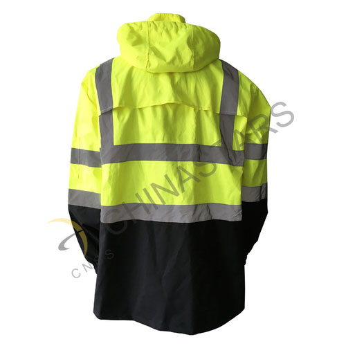 Fluorescent yellow reflective raincoat in two-tone 