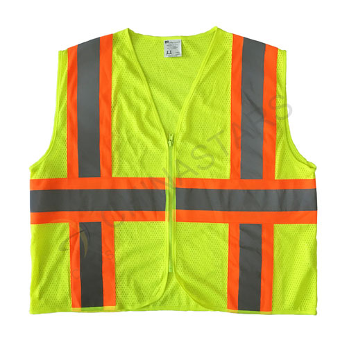 Mesh reflective vest with warning stripe zipper closure