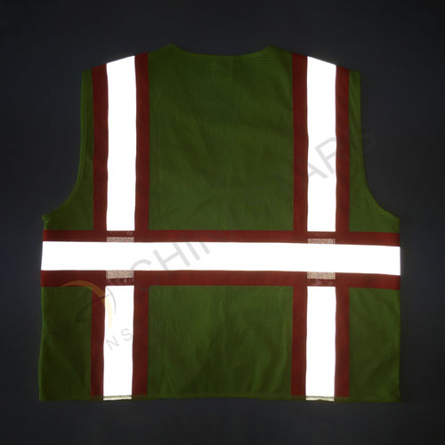 Mesh reflective vest with warning stripe zipper closure