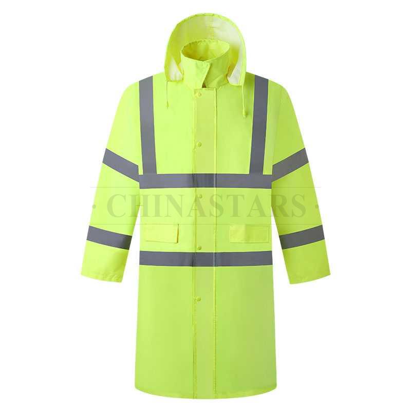 ANSI 107 & EN 20471 Class 3 reflective raincoat with zippers and snaps