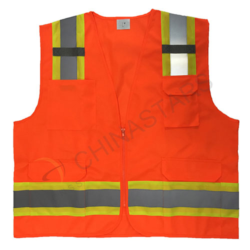 Orange reflective safety vest with warning tape