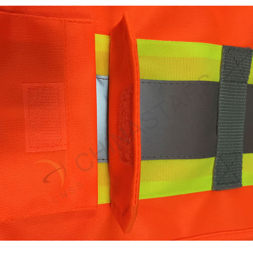 Orange reflective safety vest with warning tape