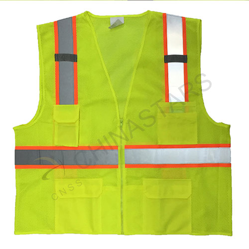 Yellow mesh safety vest with warning stripe