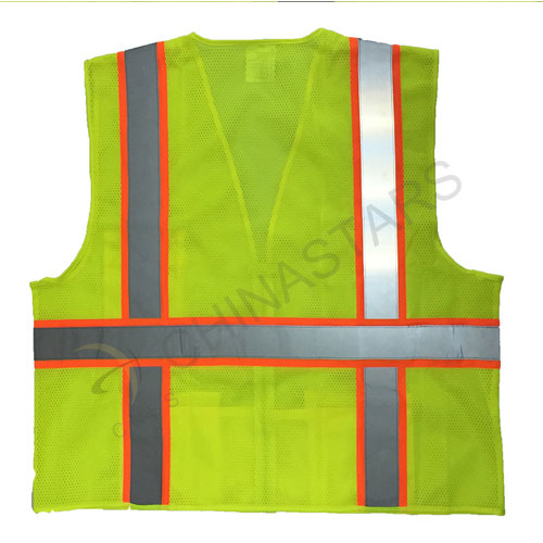 Yellow mesh safety vest with warning stripe