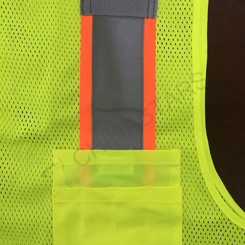 Yellow mesh safety vest with warning stripe