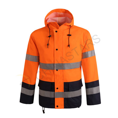 Fluorescent orange reflective raincoat in two-tone 