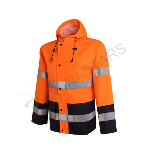 Fluorescent orange reflective raincoat in two-tone 