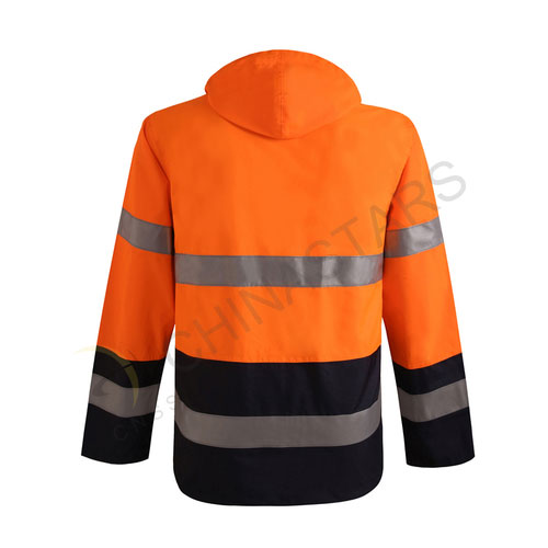 Fluorescent orange reflective raincoat in two-tone 