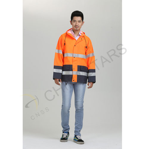 Fluorescent orange reflective raincoat in two-tone 