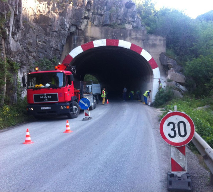 The reflective signs in high way tunnel warning you drive carefully